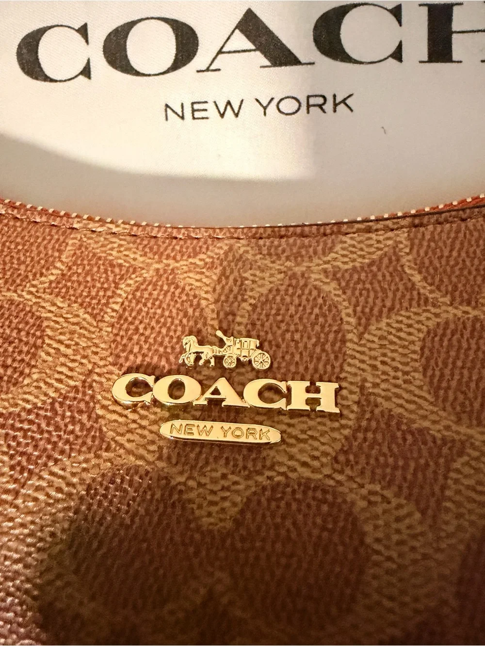 Coach Tan Signature Canvas Shoulder Pouch with Coral Trim